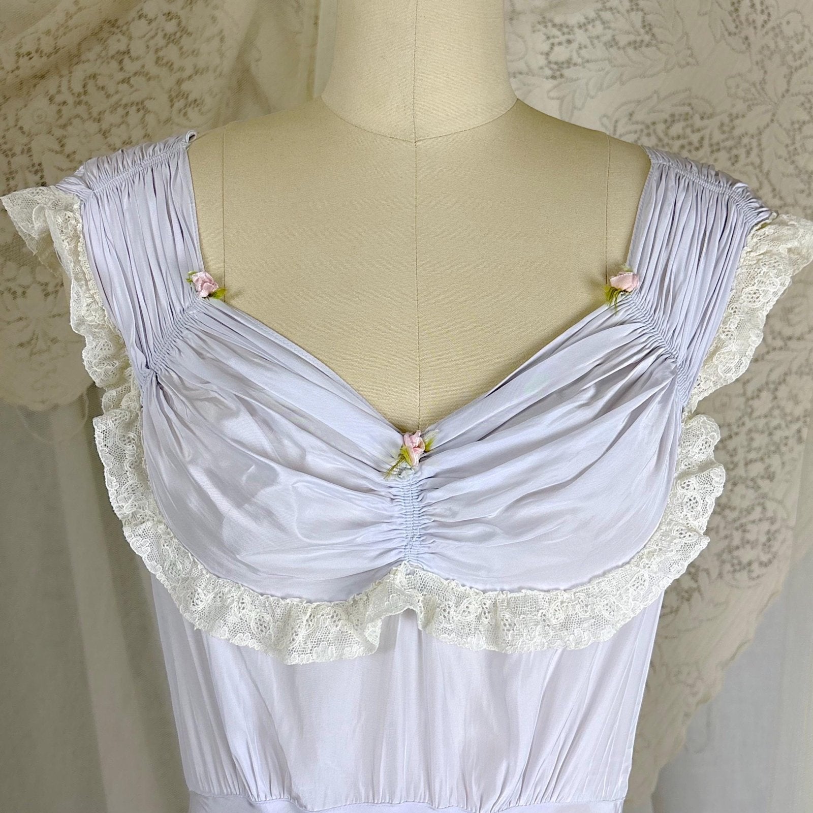 Vintage 1940's Periwinkle Blue Rayon Nightgown with Ruched Detail - By Addison, Size S, M - Daggers & Dames