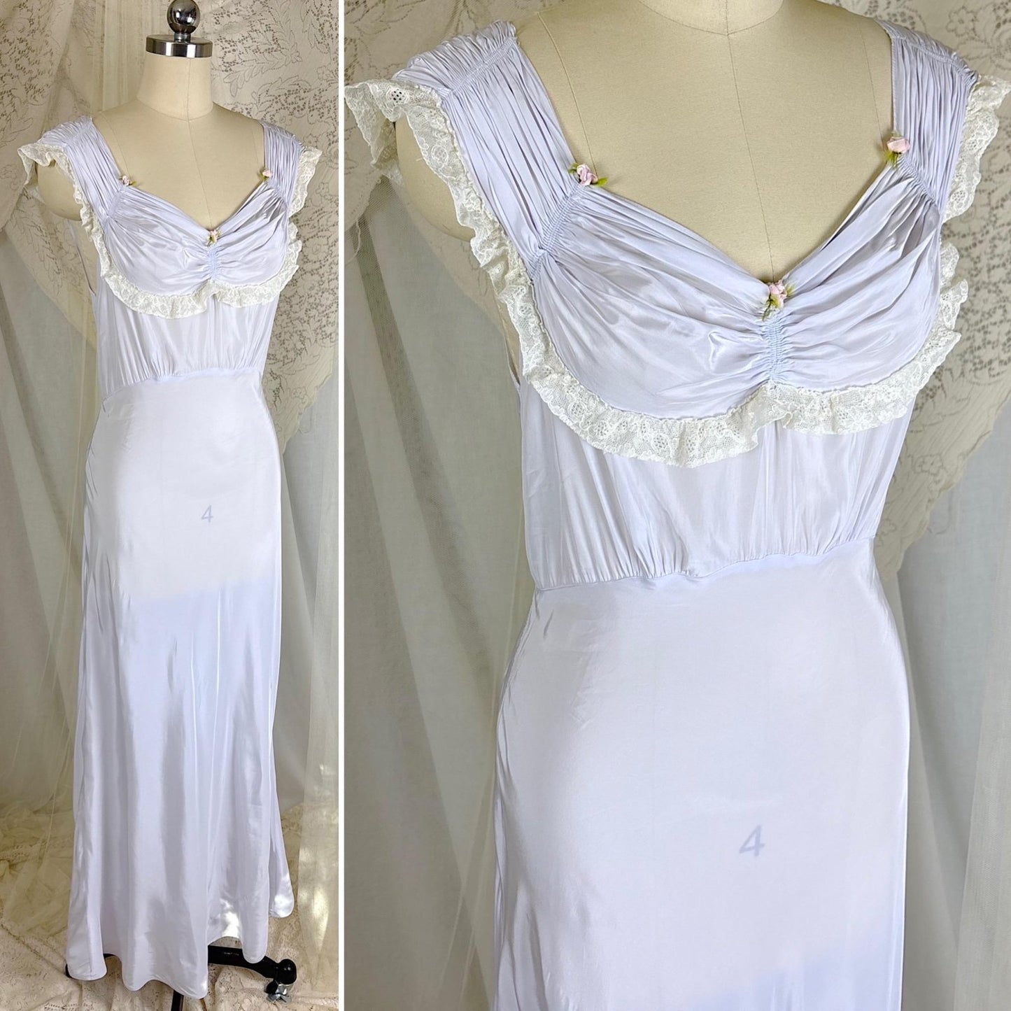 Vintage 1940's Periwinkle Blue Rayon Nightgown with Ruched Detail - By Addison, Size S, M - Daggers & Dames