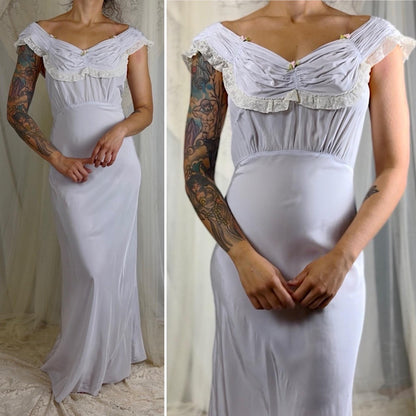 Vintage 1940's Periwinkle Blue Rayon Nightgown with Ruched Detail - By Addison, Size S, M - Daggers & Dames