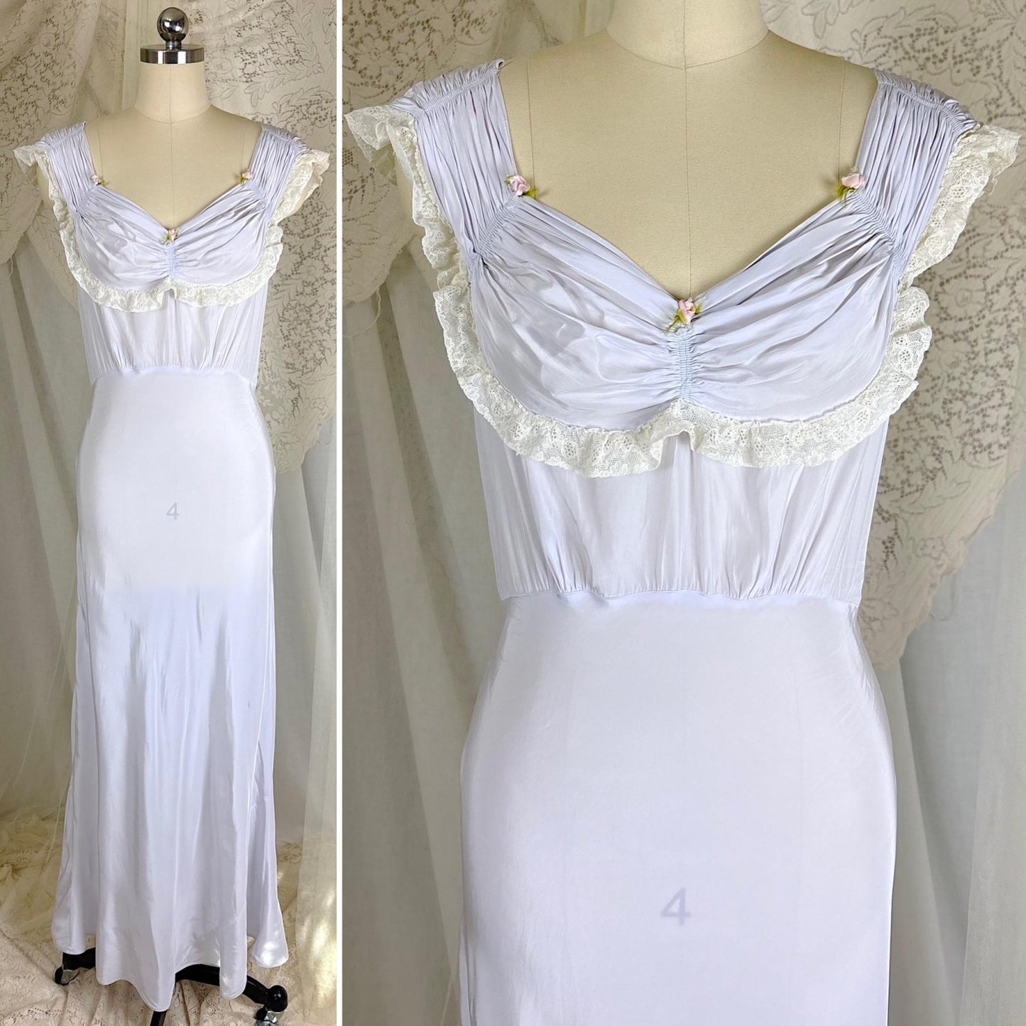 Vintage 1940's Periwinkle Blue Rayon Nightgown with Ruched Detail - By Addison, Size S, M - Daggers & Dames