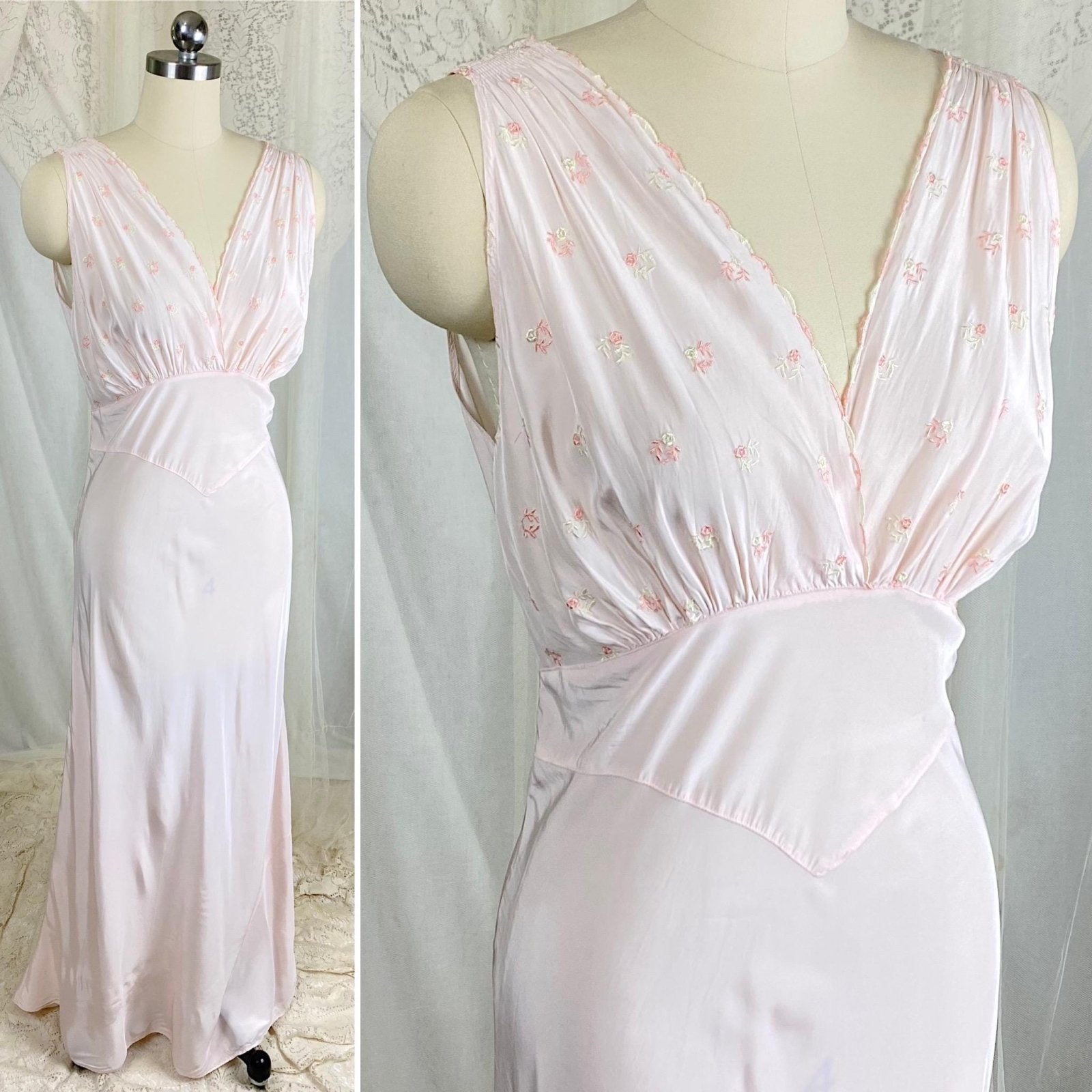 Vintage 1940s Powder Pink Rayon Nightgown with Floral Embroidery by HiStepper - Size S, M - Daggers & Dames