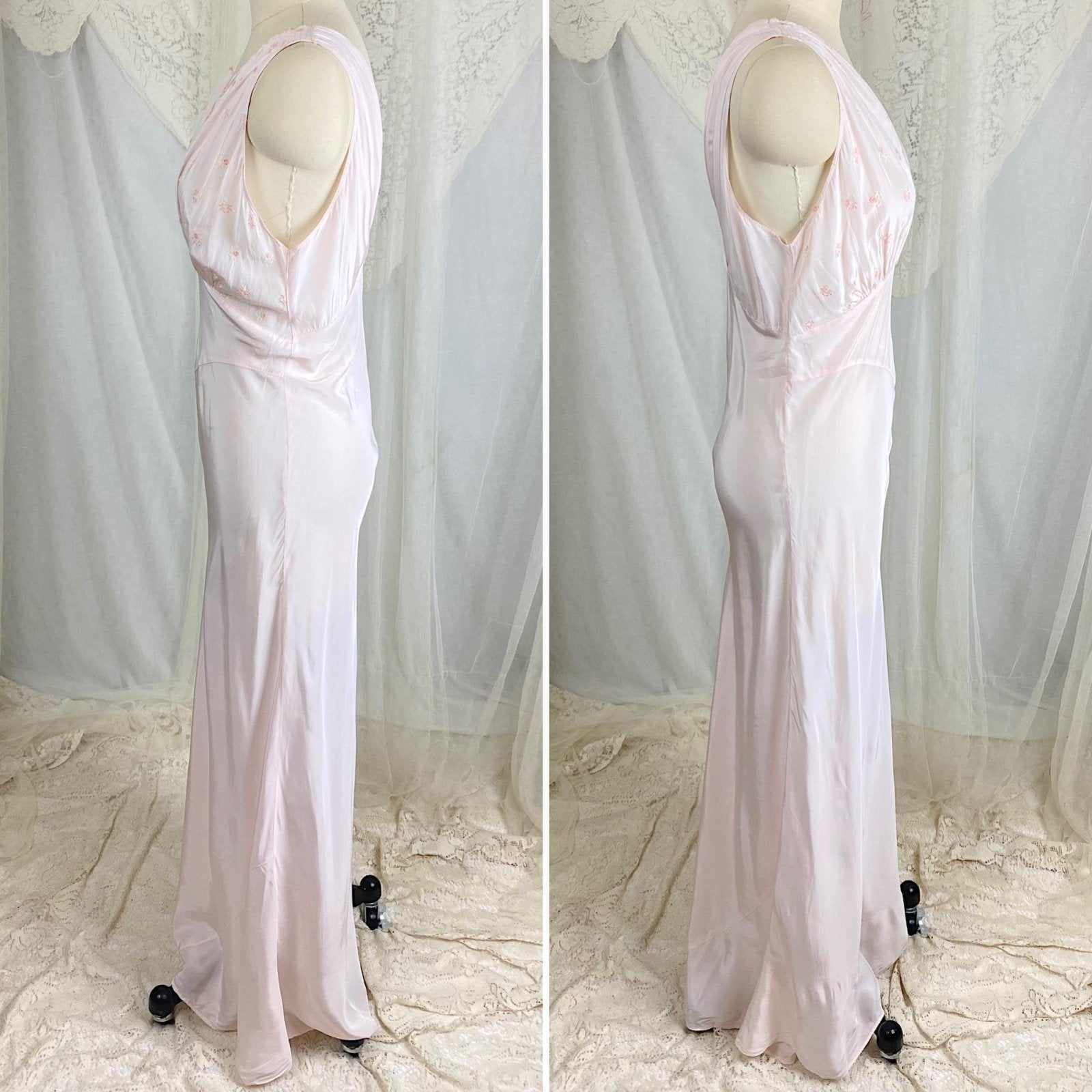 Vintage 1940s Powder Pink Rayon Nightgown with Floral Embroidery by HiStepper - Size S, M - Daggers & Dames