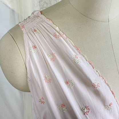 Vintage 1940s Powder Pink Rayon Nightgown with Floral Embroidery by HiStepper - Size S, M - Daggers & Dames