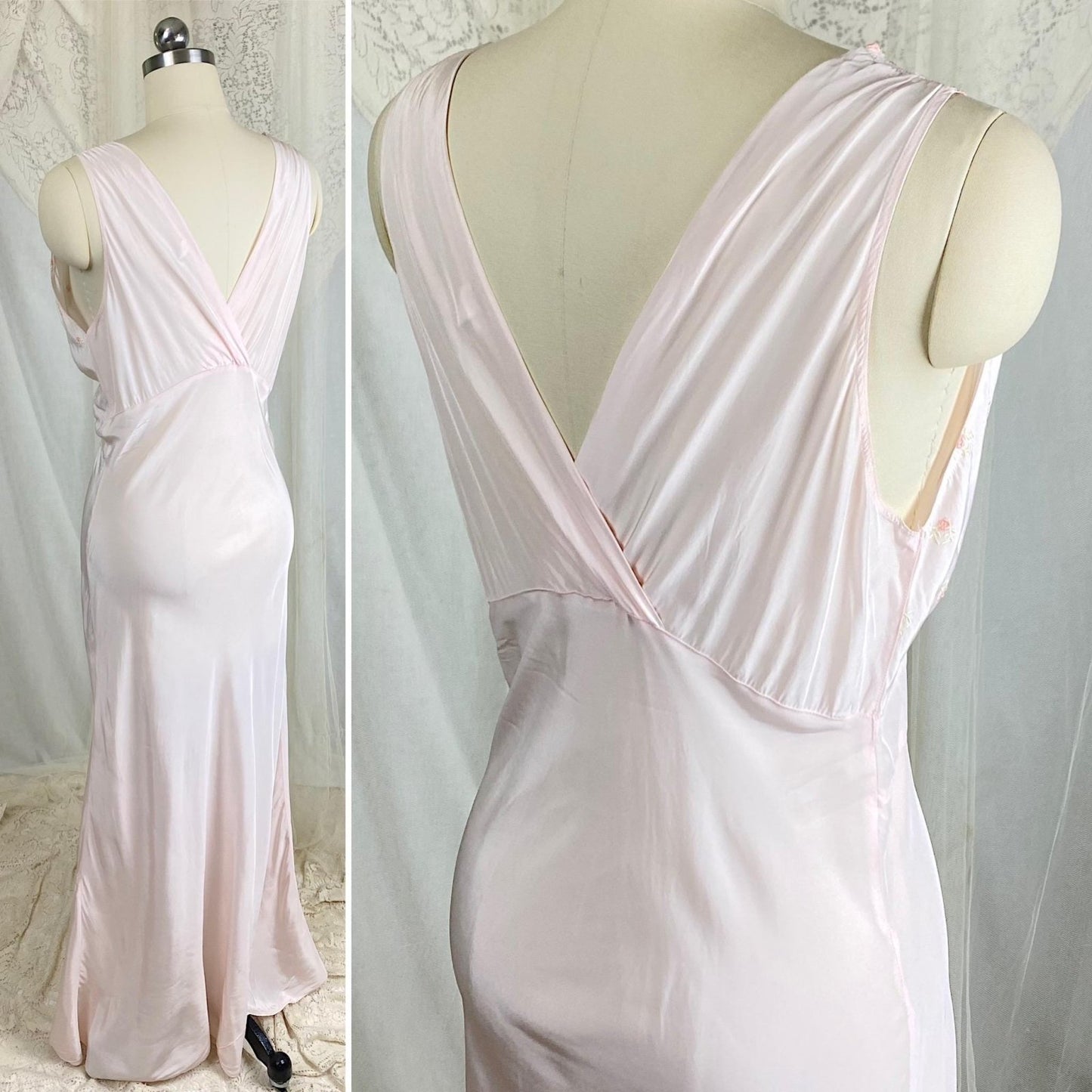 Vintage 1940s Powder Pink Rayon Nightgown with Floral Embroidery by HiStepper - Size S, M - Daggers & Dames