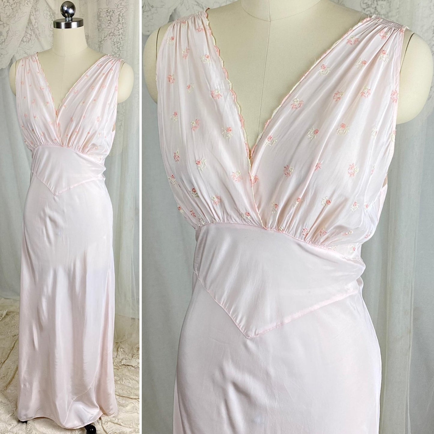 Vintage 1940s Powder Pink Rayon Nightgown with Floral Embroidery by HiStepper - Size S, M - Daggers & Dames