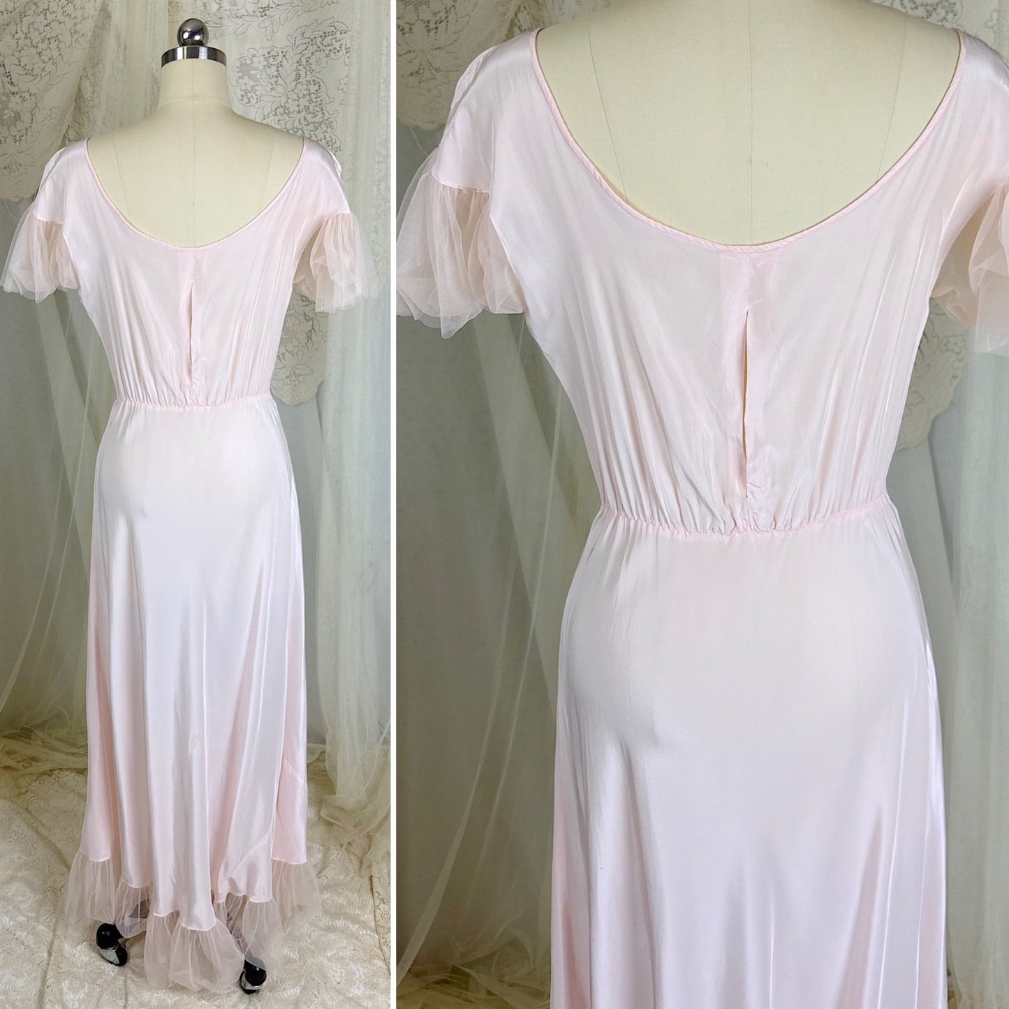 Vintage 1940's Powder Pink Rayon Nightgown with Tulle - By Textron, Size S, M - Daggers & Dames