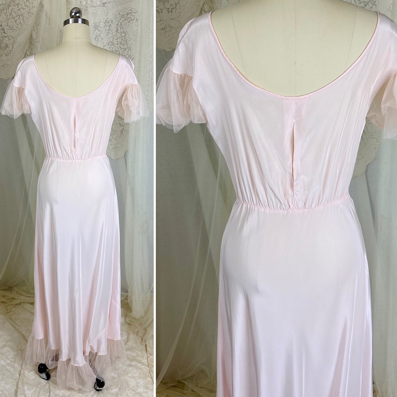 Vintage 1940's Powder Pink Rayon Nightgown with Tulle - By Textron, Size S, M - Daggers & Dames
