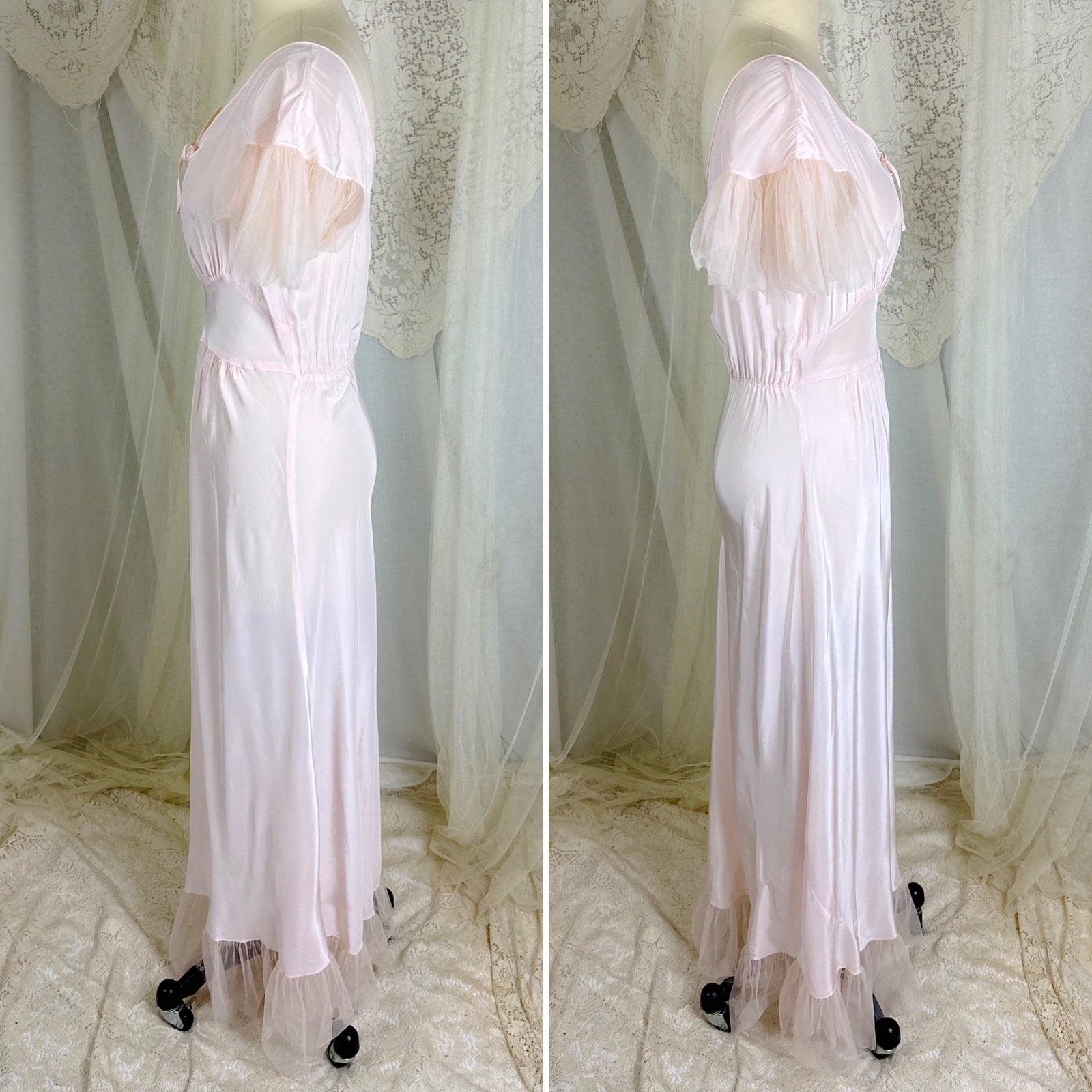 Vintage 1940's Powder Pink Rayon Nightgown with Tulle - By Textron, Size S, M - Daggers & Dames