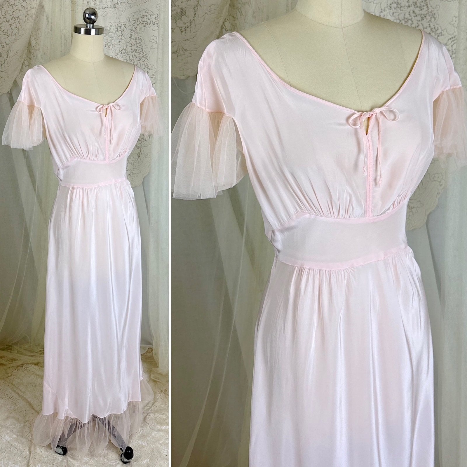 Vintage 1940's Powder Pink Rayon Nightgown with Tulle - By Textron, Size S, M - Daggers & Dames