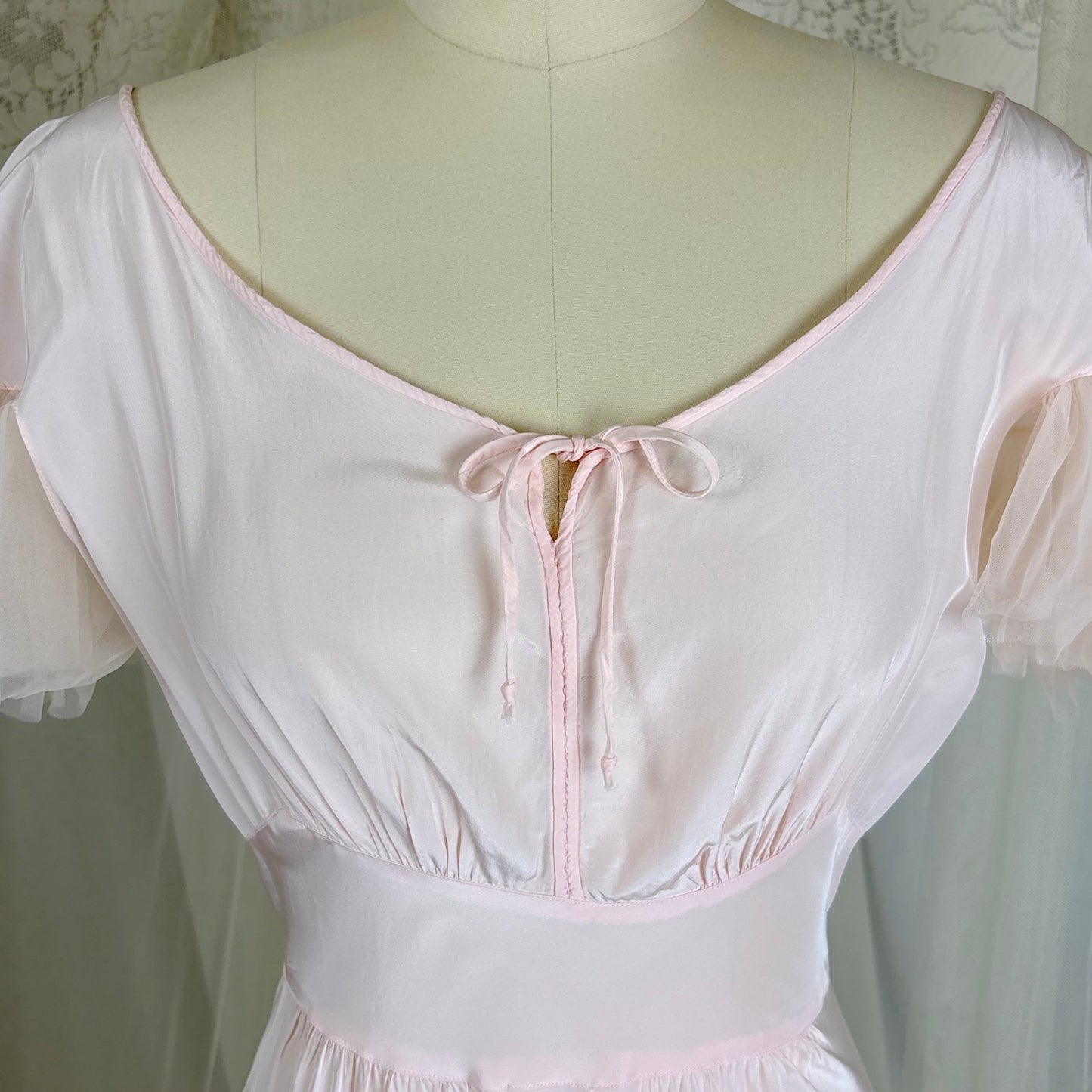 Vintage 1940's Powder Pink Rayon Nightgown with Tulle - By Textron, Size S, M - Daggers & Dames