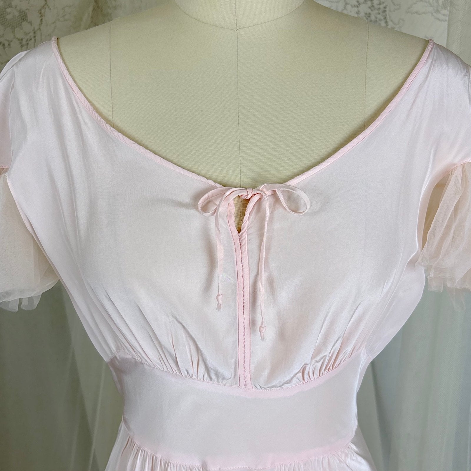 Vintage 1940's Powder Pink Rayon Nightgown with Tulle - By Textron, Size S, M - Daggers & Dames