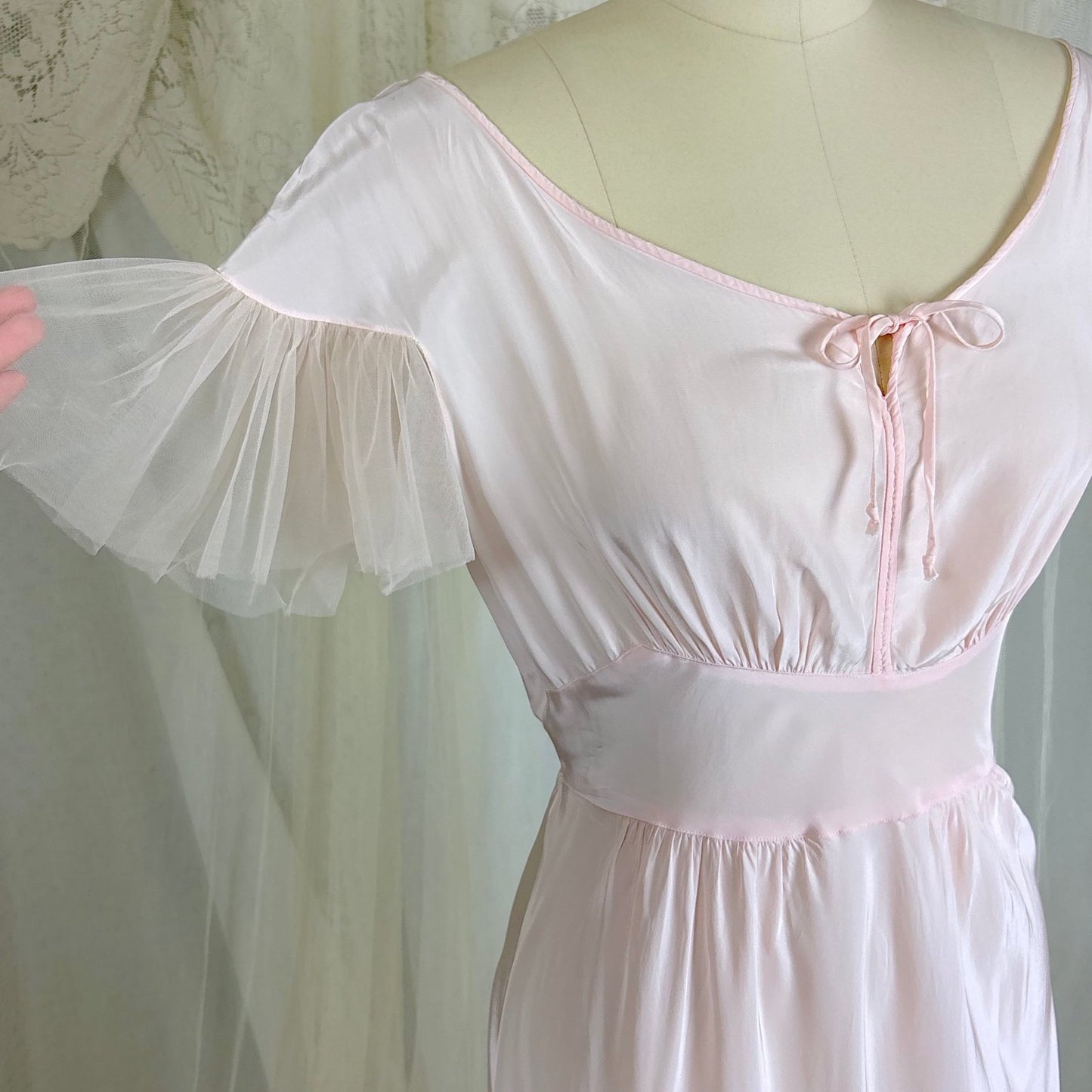 Vintage 1940's Powder Pink Rayon Nightgown with Tulle - By Textron, Size S, M - Daggers & Dames