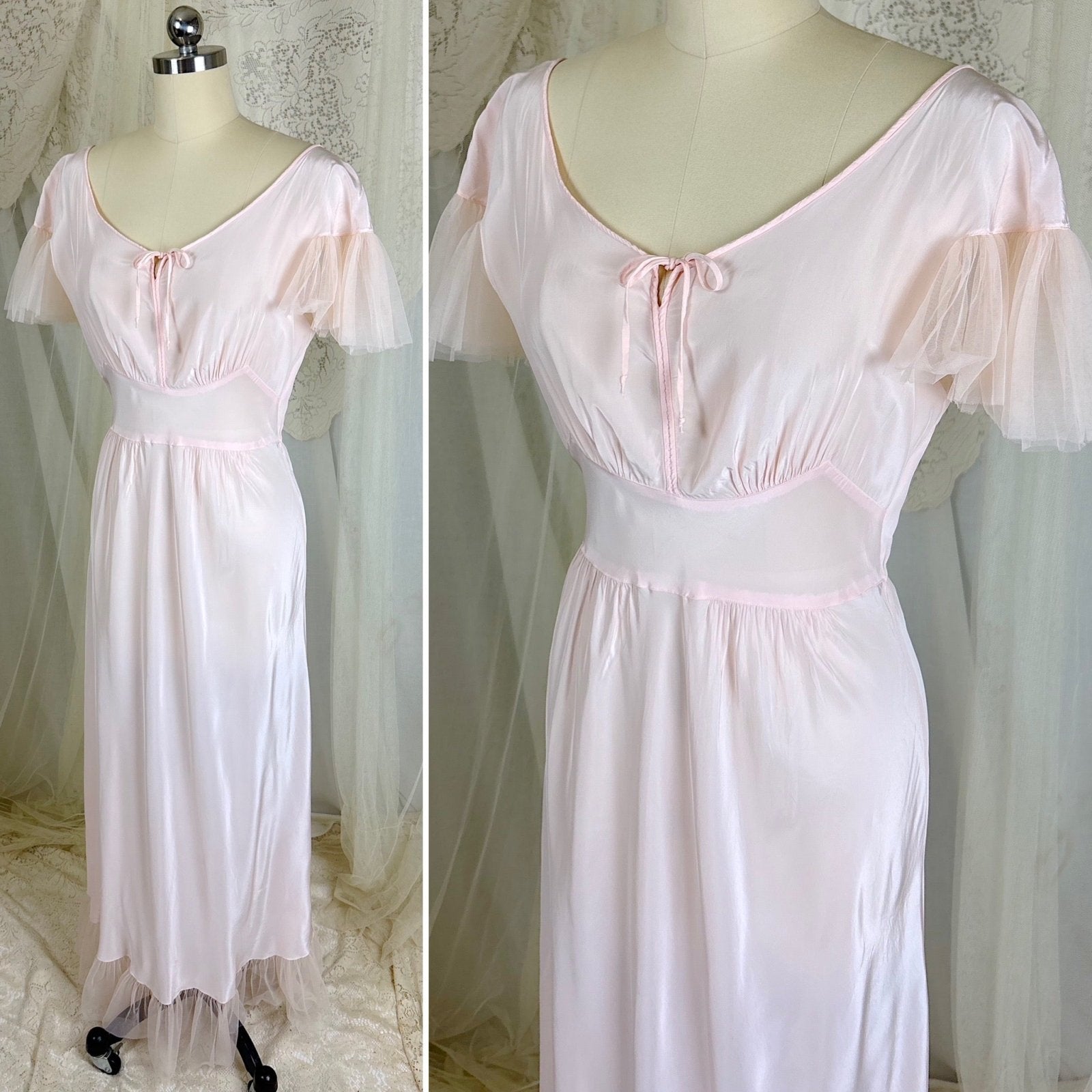 Vintage 1940's Powder Pink Rayon Nightgown with Tulle - By Textron, Size S, M - Daggers & Dames