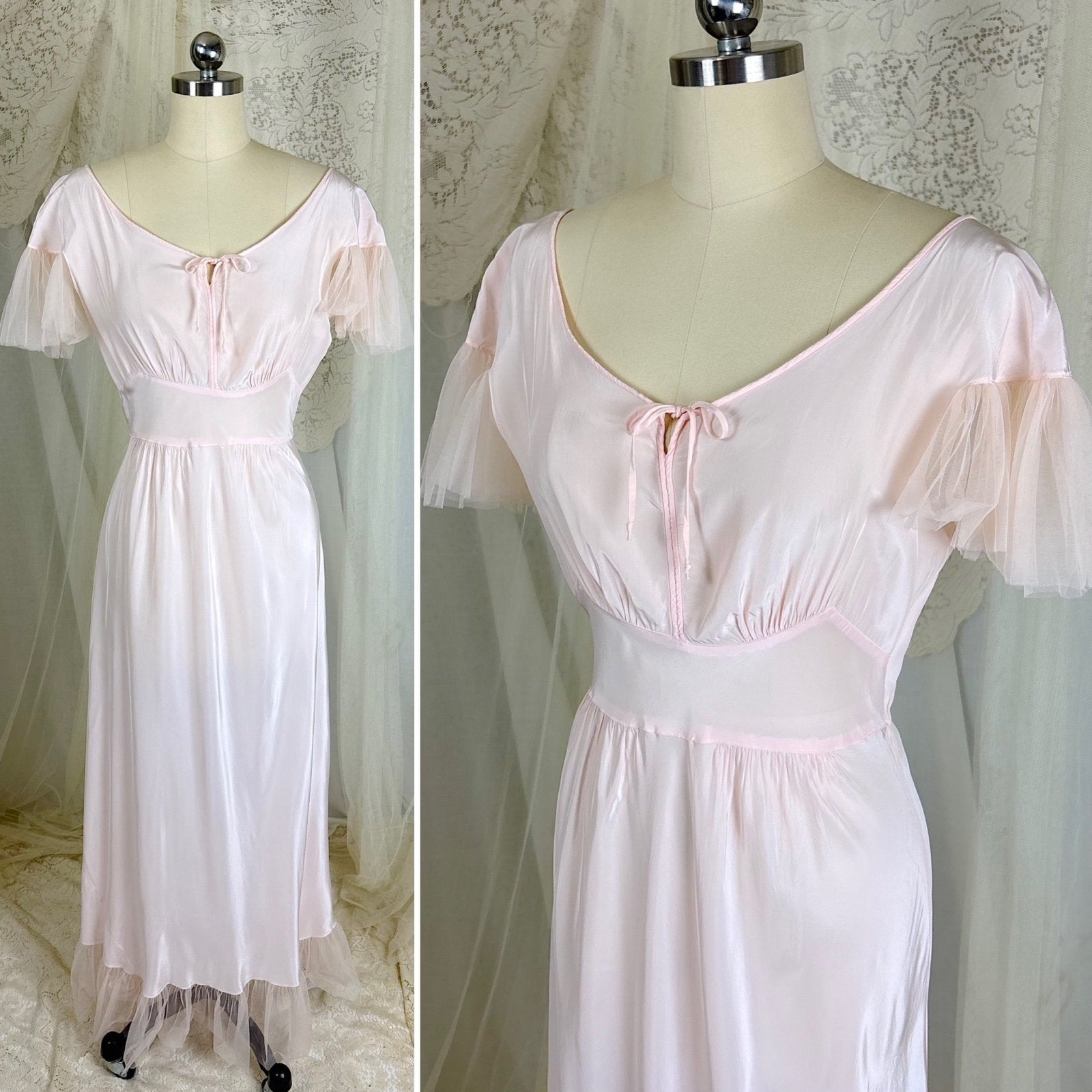 Vintage 1940's Powder Pink Rayon Nightgown with Tulle - By Textron, Size S, M - Daggers & Dames
