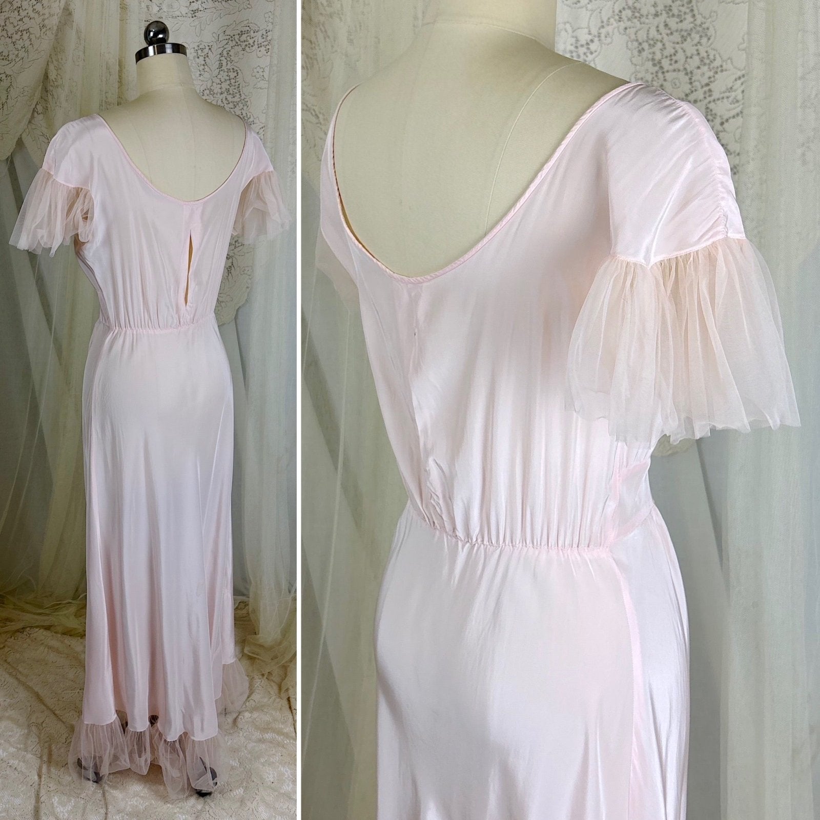 Vintage 1940's Powder Pink Rayon Nightgown with Tulle - By Textron, Size S, M - Daggers & Dames