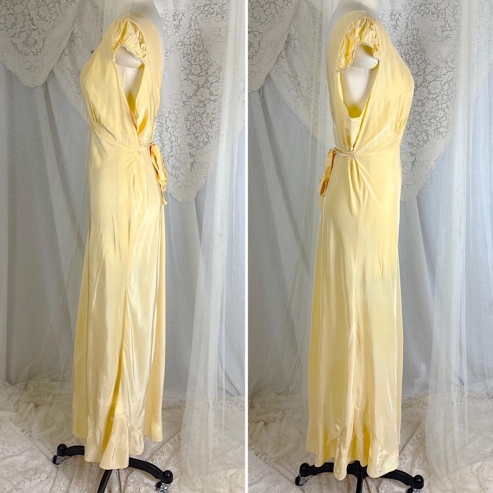 Vintage 1940's Primrose Yellow Rayon Nightgown with Cotton Lace - Size M - Daggers & Dames