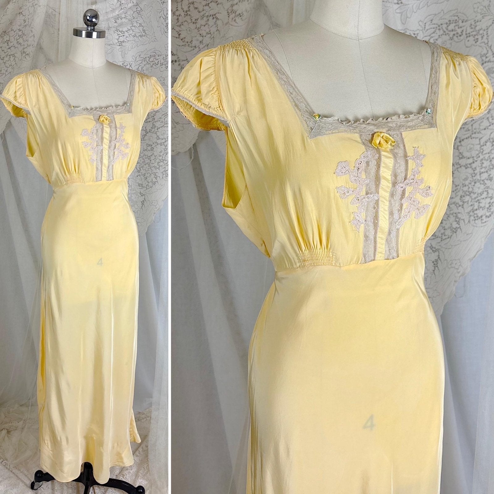 Vintage 1940's Primrose Yellow Rayon Nightgown with Cotton Lace - Size M - Daggers & Dames