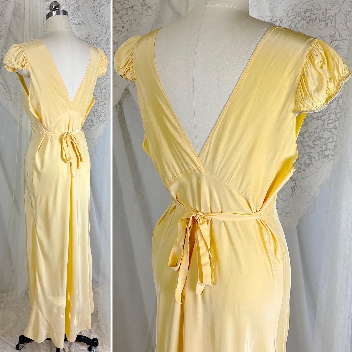 Vintage 1940's Primrose Yellow Rayon Nightgown with Cotton Lace - Size M - Daggers & Dames