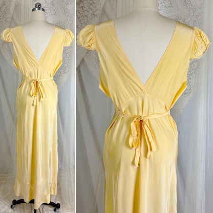 Vintage 1940's Primrose Yellow Rayon Nightgown with Cotton Lace - Size M - Daggers & Dames