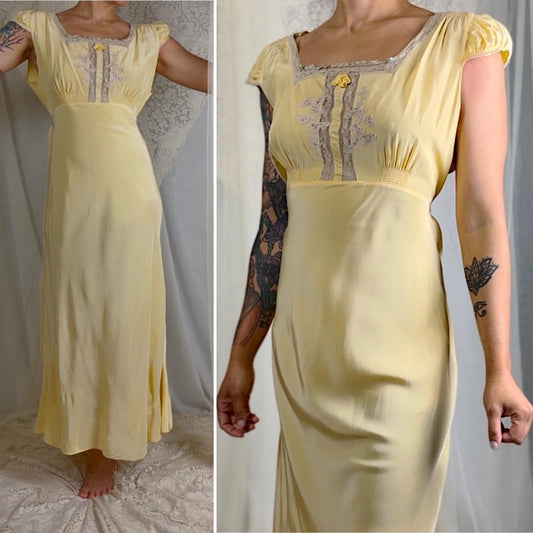 Vintage 1940's Primrose Yellow Rayon Nightgown with Cotton Lace - Size M - Daggers & Dames