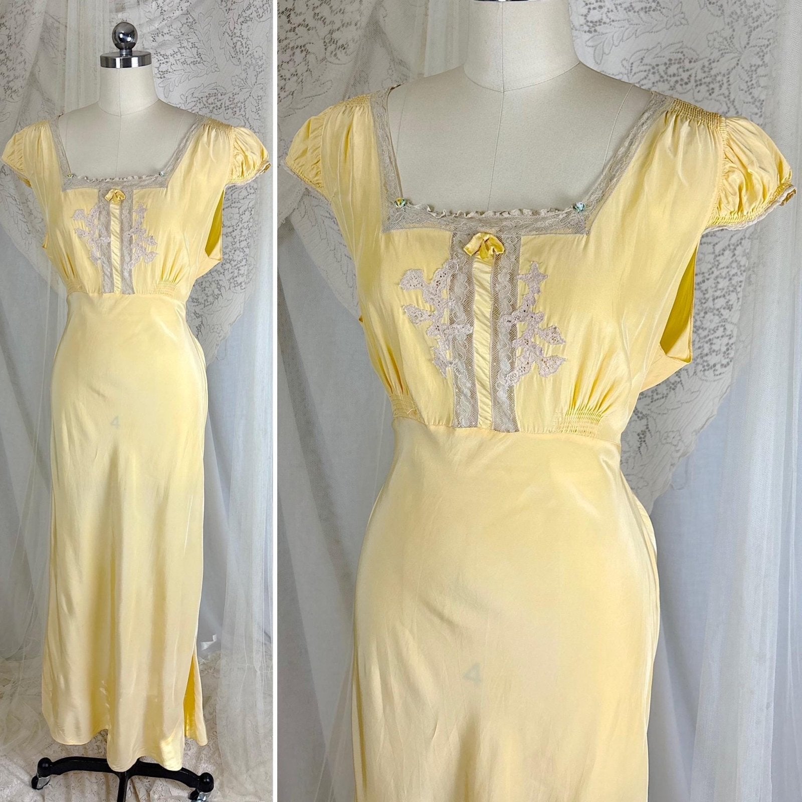 Vintage 1940's Primrose Yellow Rayon Nightgown with Cotton Lace - Size M - Daggers & Dames