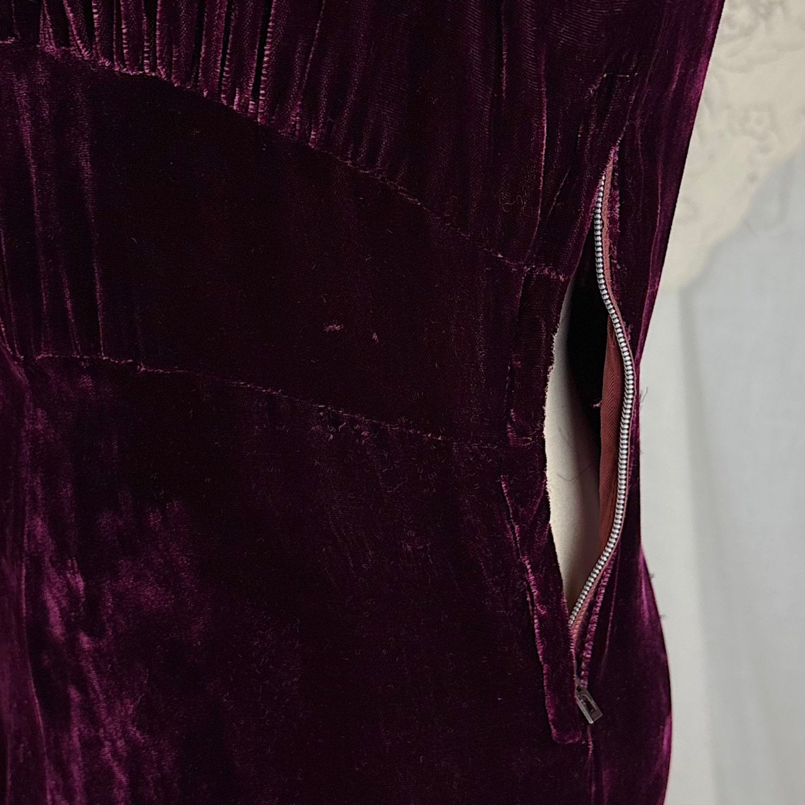 Vintage 1940's Rich Merlot Velvet Dress with Hammered Brass Buttons - Size S - Daggers & Dames