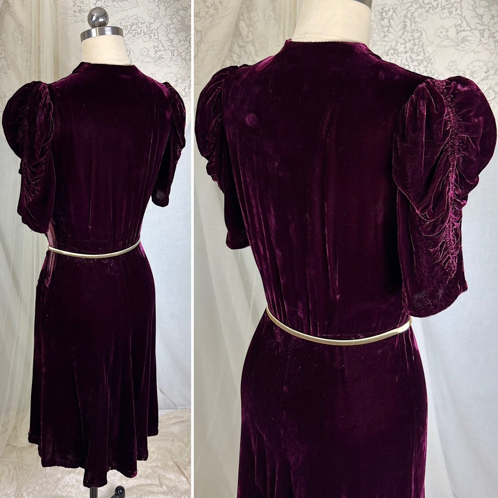Vintage 1940's Rich Merlot Velvet Dress with Hammered Brass Buttons - Size S - Daggers & Dames