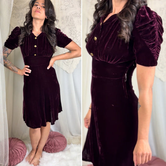 Vintage 1940's Rich Merlot Velvet Dress with Hammered Brass Buttons - Size S - Daggers & Dames