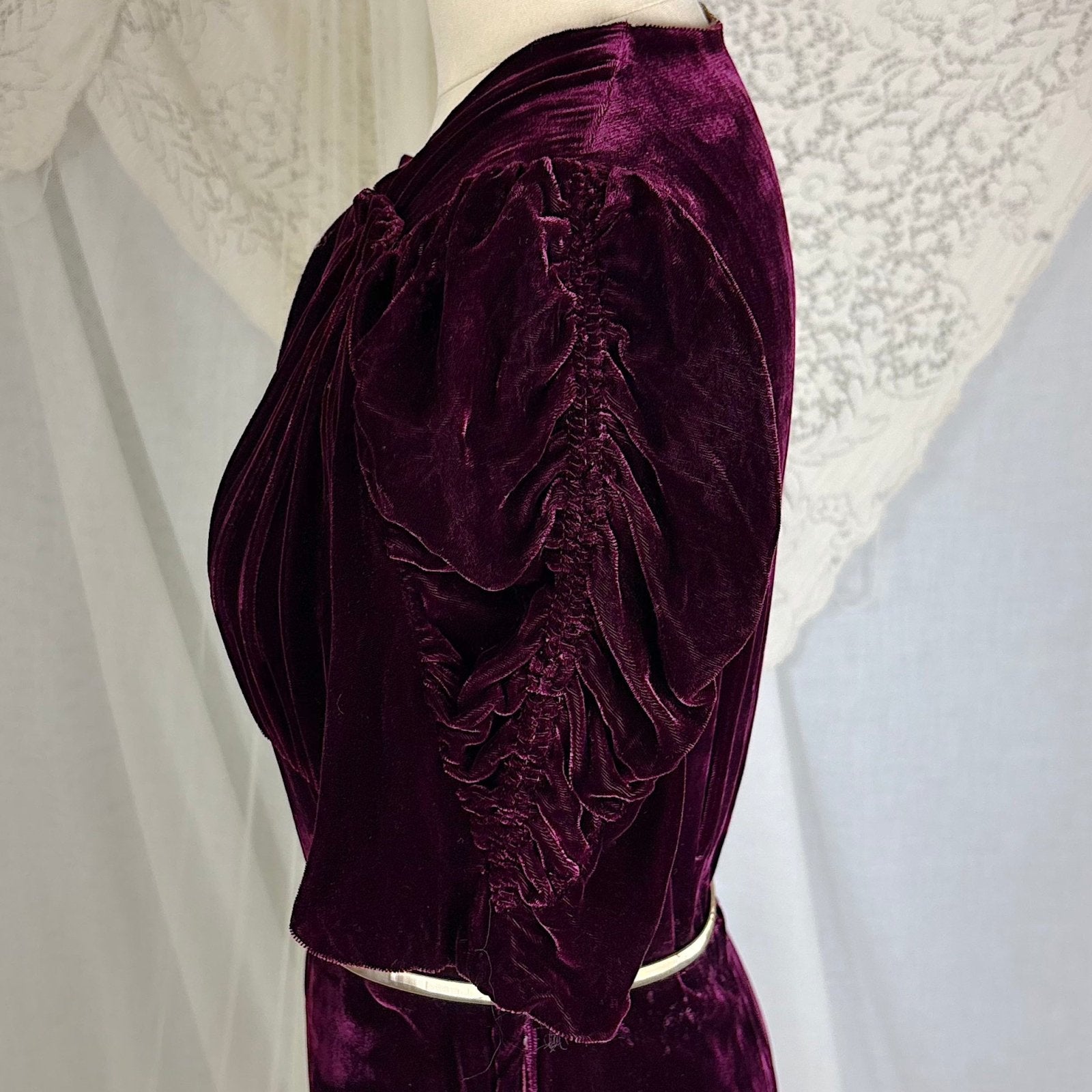 Vintage 1940's Rich Merlot Velvet Dress with Hammered Brass Buttons - Size S - Daggers & Dames