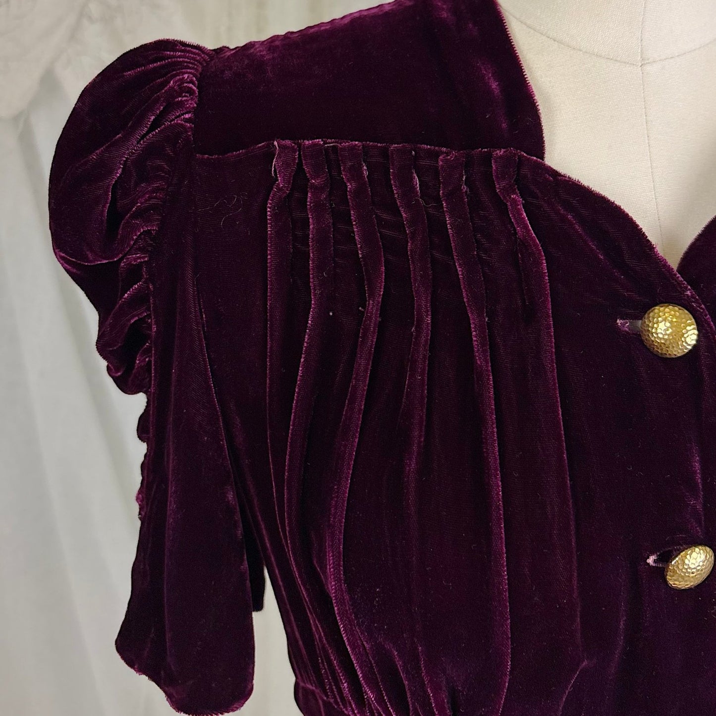 Vintage 1940's Rich Merlot Velvet Dress with Hammered Brass Buttons - Size S - Daggers & Dames