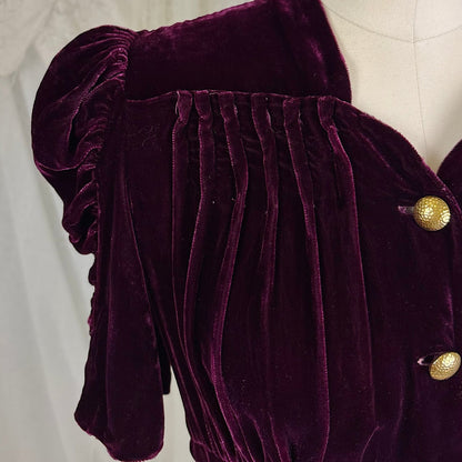 Vintage 1940's Rich Merlot Velvet Dress with Hammered Brass Buttons - Size S - Daggers & Dames