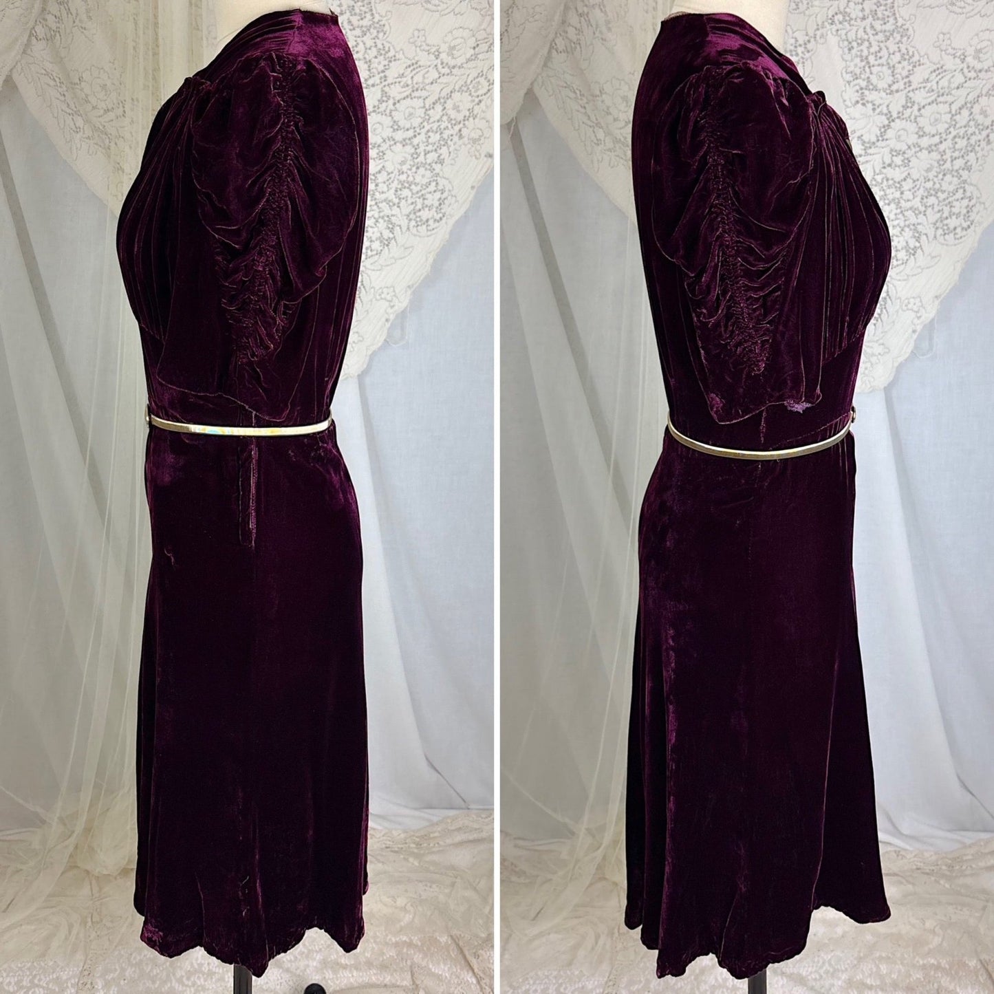 Vintage 1940's Rich Merlot Velvet Dress with Hammered Brass Buttons - Size S - Daggers & Dames