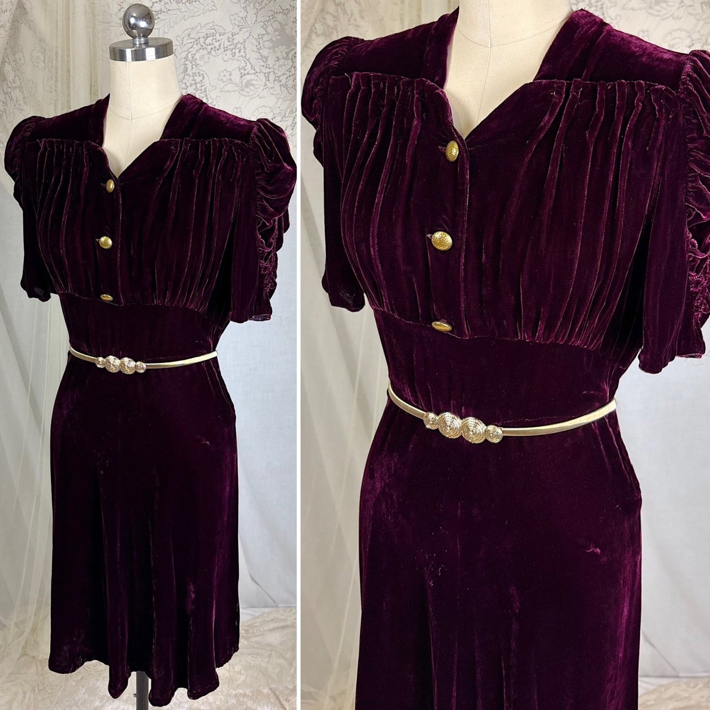 Vintage 1940's Rich Merlot Velvet Dress with Hammered Brass Buttons - Size S - Daggers & Dames
