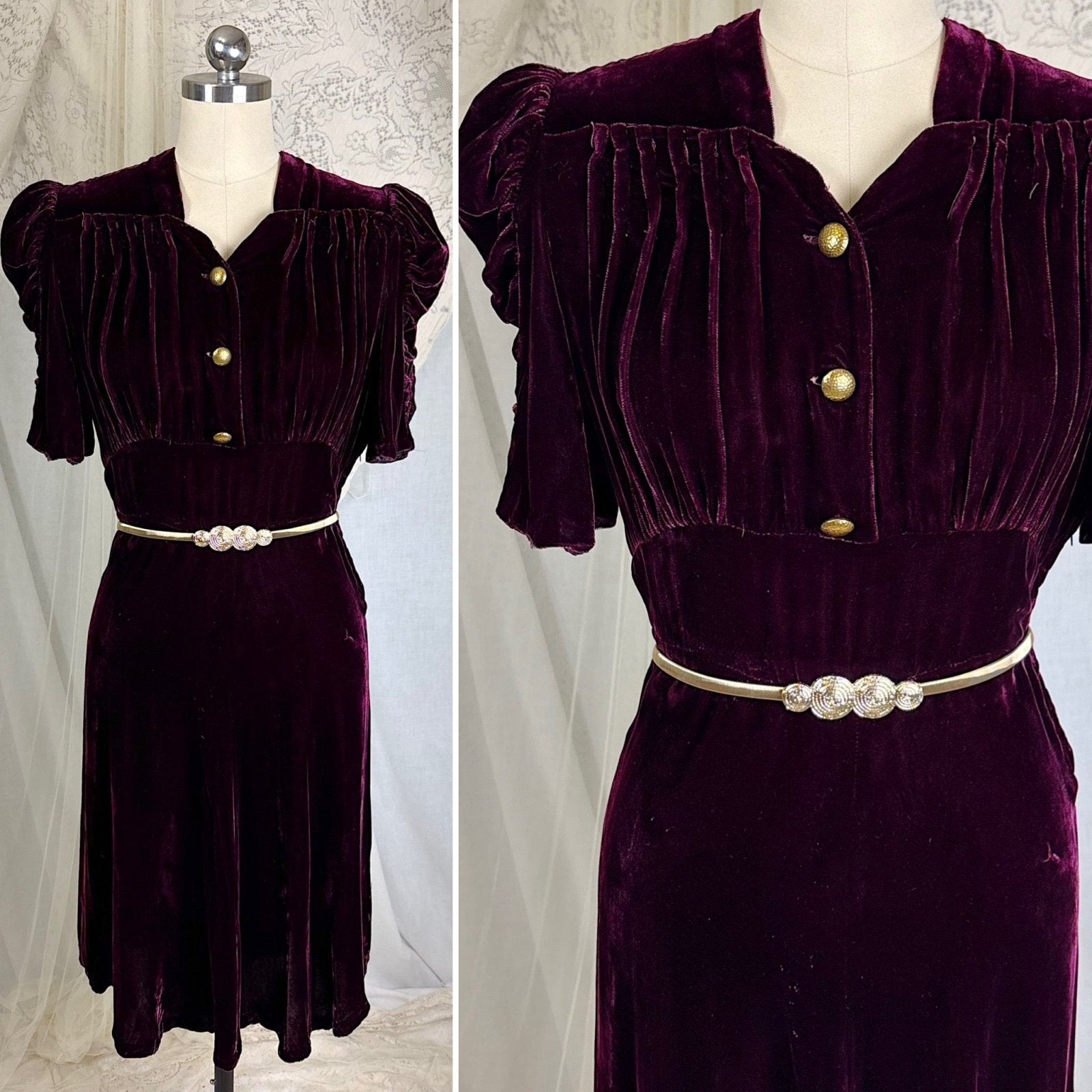 Vintage 1940's Rich Merlot Velvet Dress with Hammered Brass Buttons - Size S - Daggers & Dames