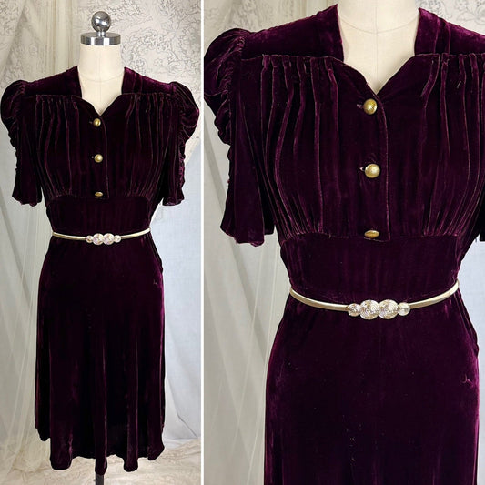 Vintage 1940's Rich Merlot Velvet Dress with Hammered Brass Buttons - Size S - Daggers & Dames