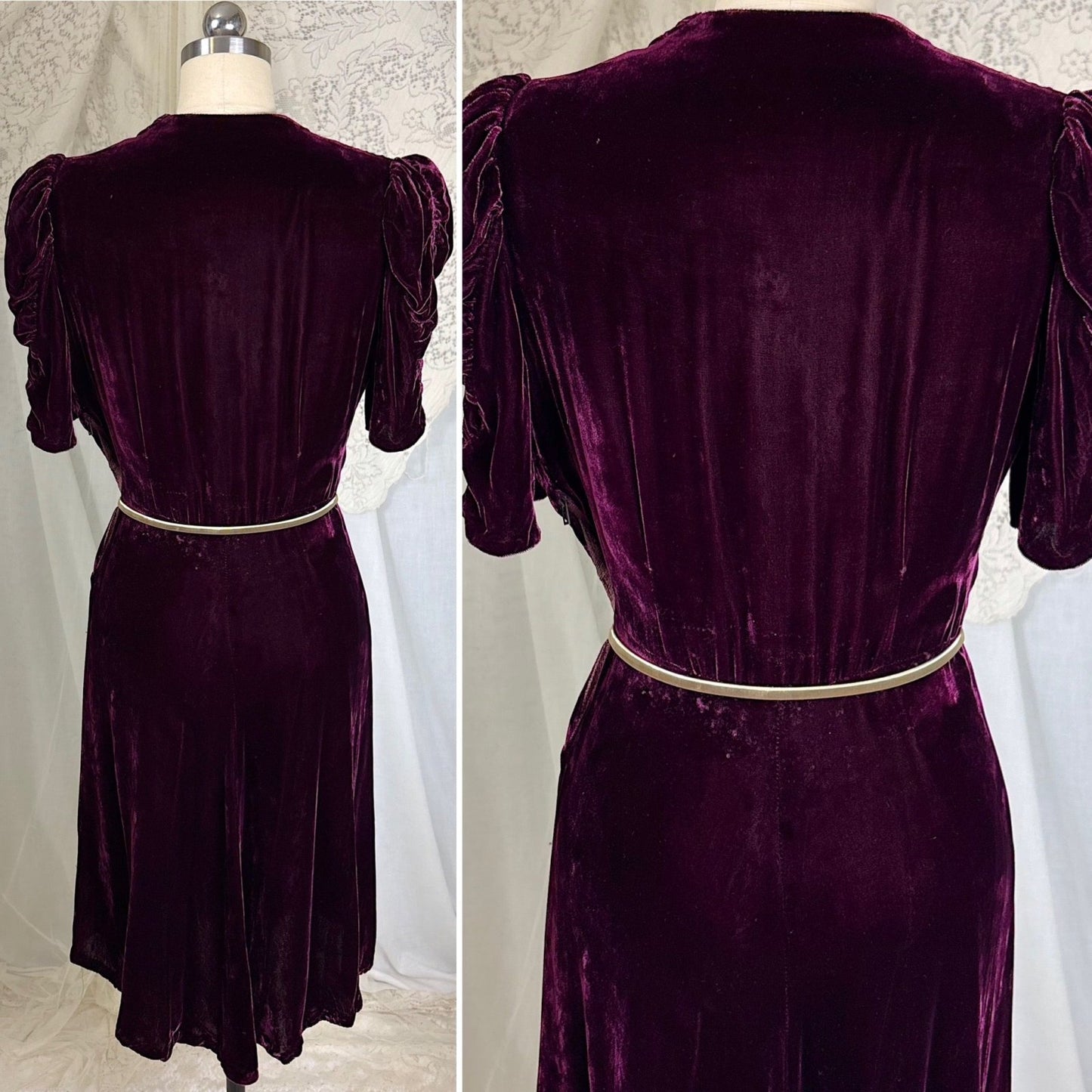 Vintage 1940's Rich Merlot Velvet Dress with Hammered Brass Buttons - Size S - Daggers & Dames