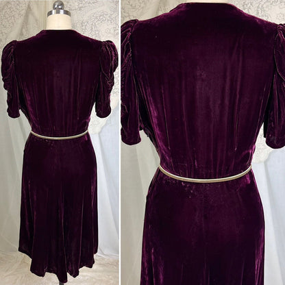 Vintage 1940's Rich Merlot Velvet Dress with Hammered Brass Buttons - Size S - Daggers & Dames