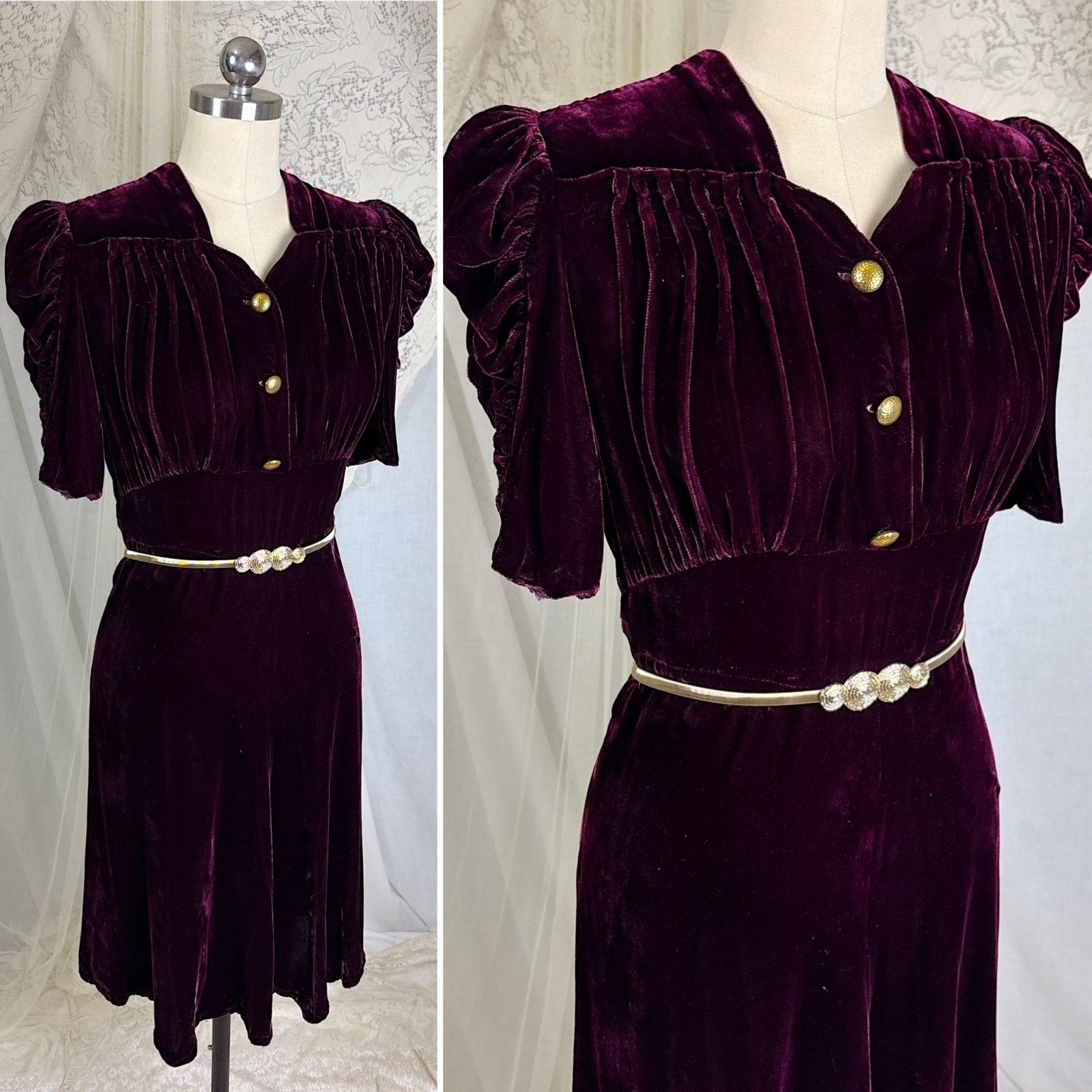 Vintage 1940's Rich Merlot Velvet Dress with Hammered Brass Buttons - Size S - Daggers & Dames