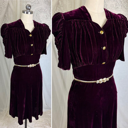 Vintage 1940's Rich Merlot Velvet Dress with Hammered Brass Buttons - Size S - Daggers & Dames