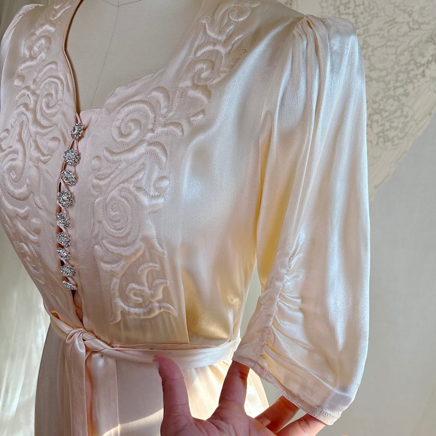 Vintage 1940's Robe - Champagne Crepe - Back Rayon Satin with Trapunto Embroidery & Rhinestone Buttons - Daggers & Dames