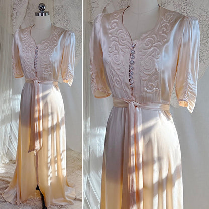Vintage 1940's Robe - Champagne Crepe - Back Rayon Satin with Trapunto Embroidery & Rhinestone Buttons - Daggers & Dames