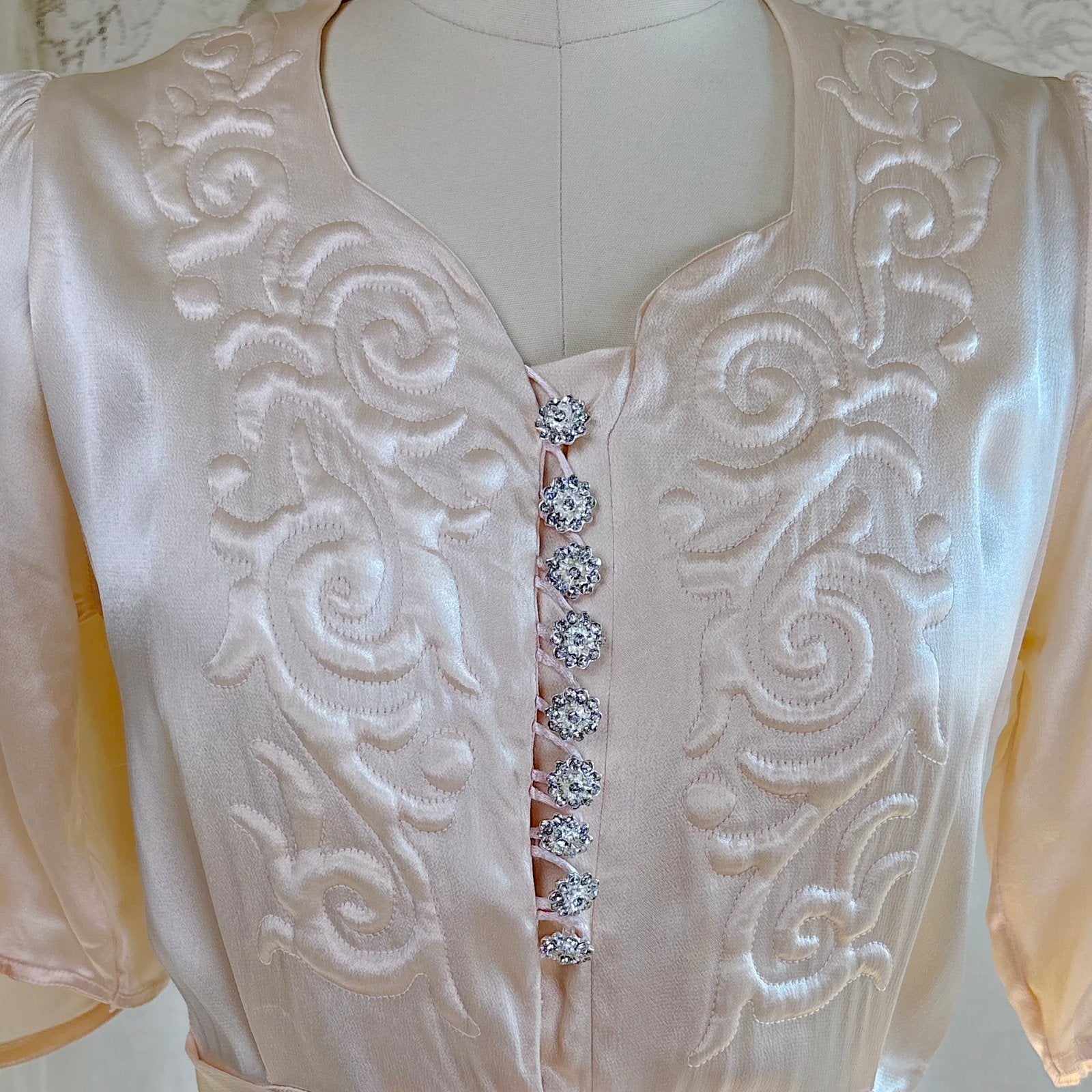 Vintage 1940's Robe - Champagne Crepe - Back Rayon Satin with Trapunto Embroidery & Rhinestone Buttons - Daggers & Dames