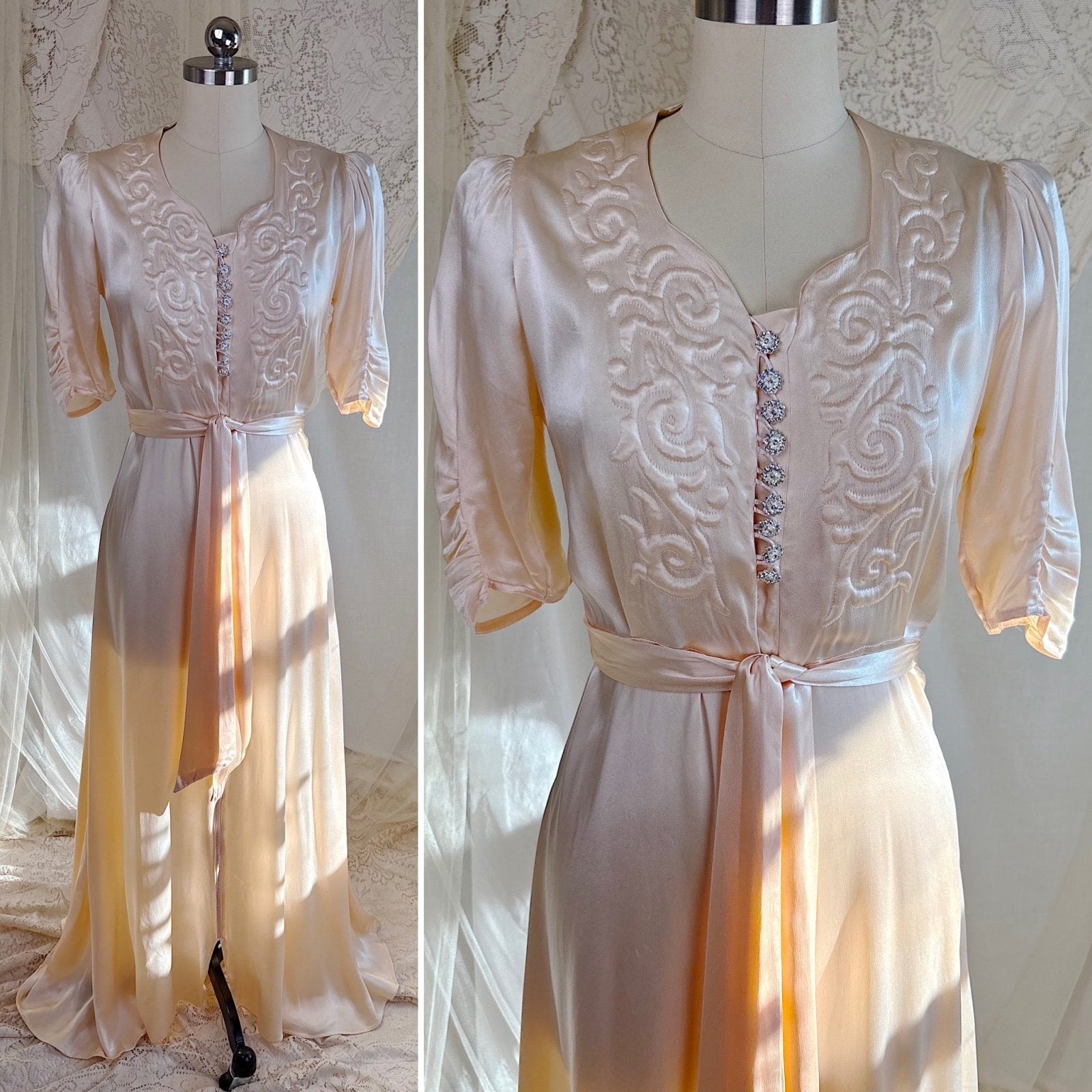 Vintage 1940's Robe - Champagne Crepe - Back Rayon Satin with Trapunto Embroidery & Rhinestone Buttons - Daggers & Dames