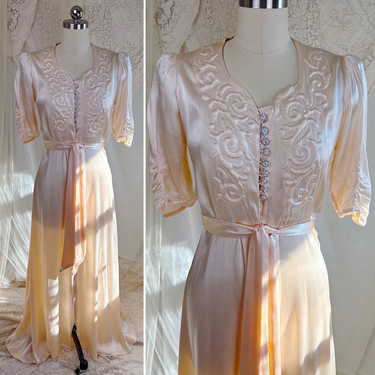 Vintage 1940's Robe - Champagne Crepe - Back Rayon Satin with Trapunto Embroidery & Rhinestone Buttons - Daggers & Dames