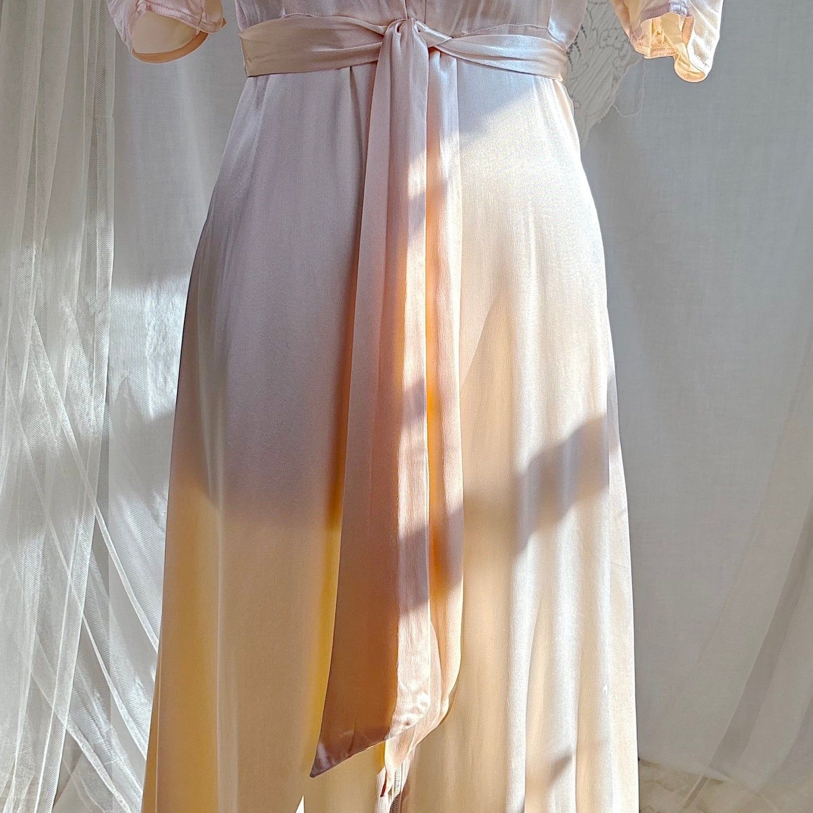 Vintage 1940's Robe - Champagne Crepe - Back Rayon Satin with Trapunto Embroidery & Rhinestone Buttons - Daggers & Dames