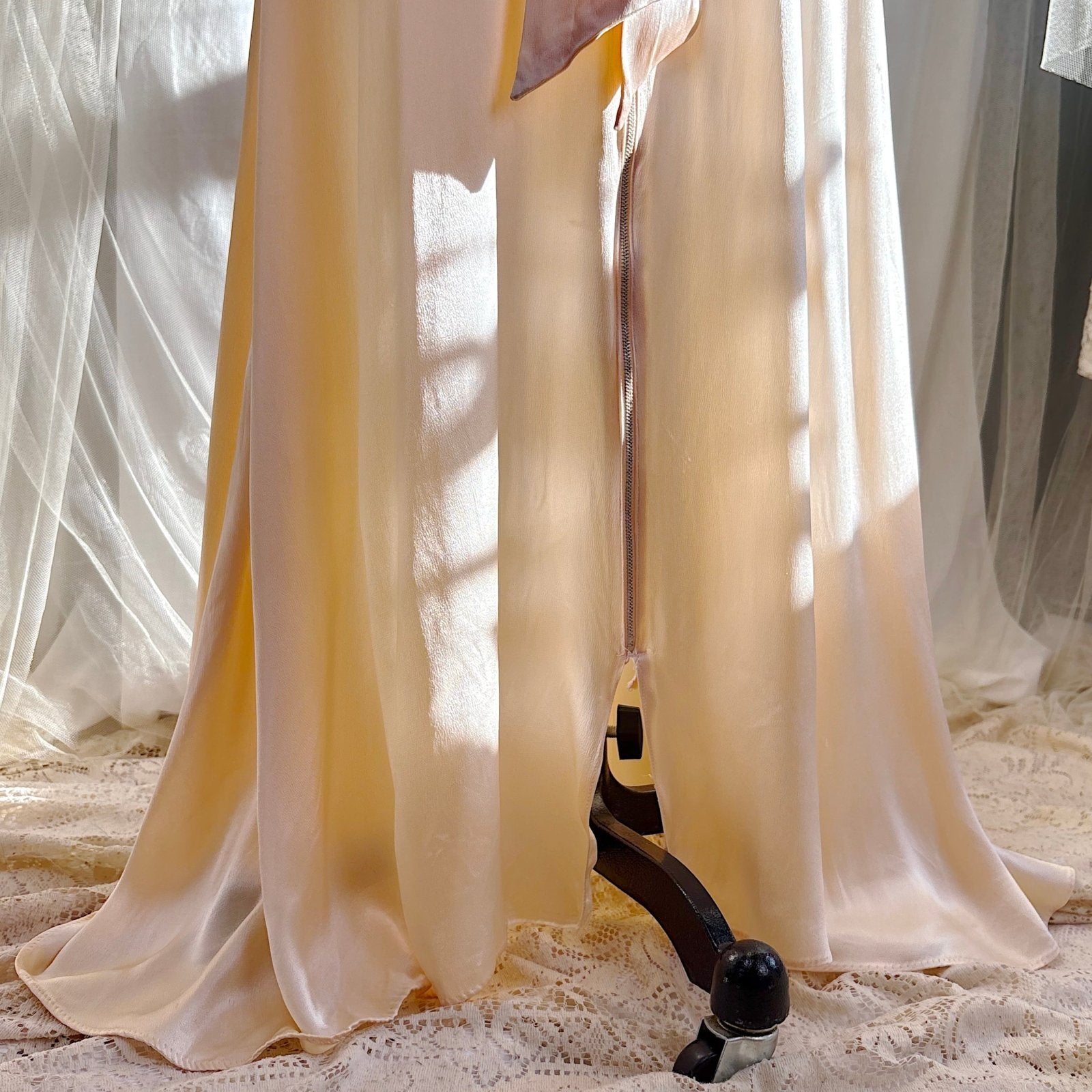 Vintage 1940's Robe - Champagne Crepe - Back Rayon Satin with Trapunto Embroidery & Rhinestone Buttons - Daggers & Dames