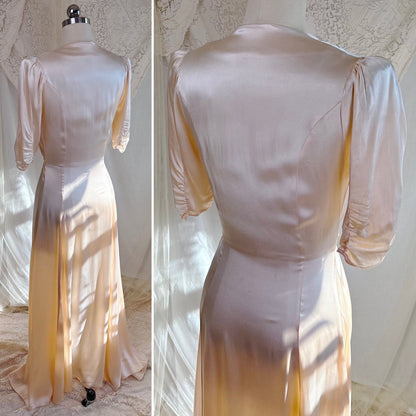 Vintage 1940's Robe - Champagne Crepe - Back Rayon Satin with Trapunto Embroidery & Rhinestone Buttons - Daggers & Dames