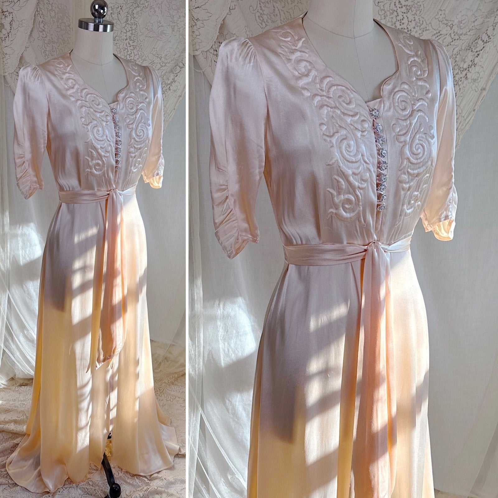 Vintage 1940's Robe - Champagne Crepe - Back Rayon Satin with Trapunto Embroidery & Rhinestone Buttons - Daggers & Dames