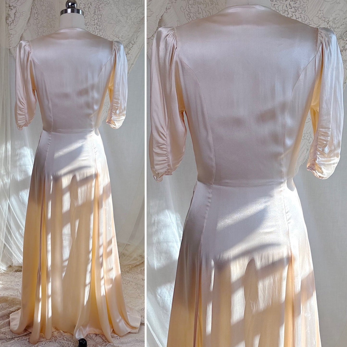 Vintage 1940's Robe - Champagne Crepe - Back Rayon Satin with Trapunto Embroidery & Rhinestone Buttons - Daggers & Dames