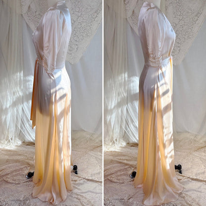 Vintage 1940's Robe - Champagne Crepe - Back Rayon Satin with Trapunto Embroidery & Rhinestone Buttons - Daggers & Dames
